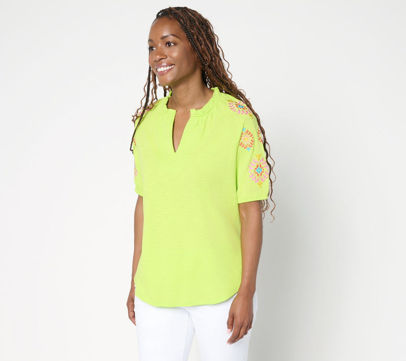 Belle by Kim Gravel Slub Knit Embroidered Sleeve Top — View 14