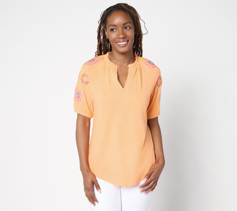 Belle by Kim Gravel Slub Knit Embroidered Sleeve Top — View 15