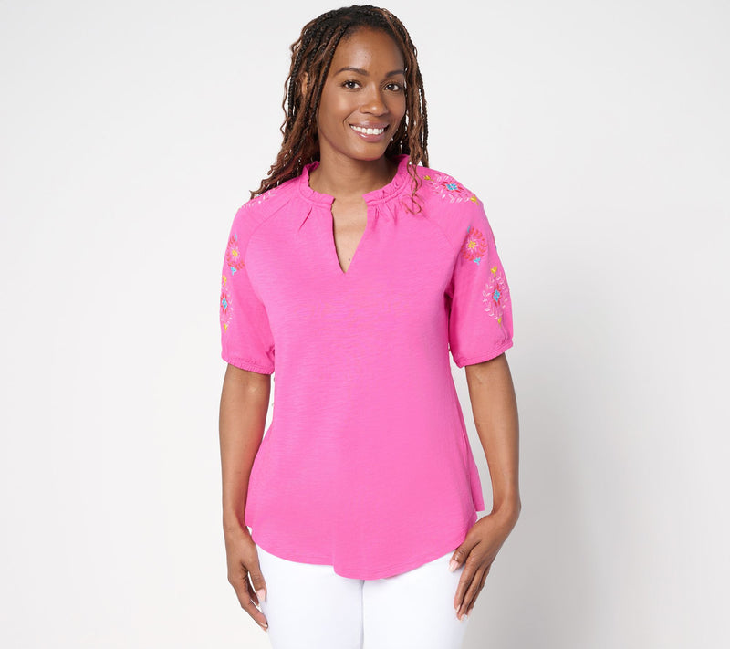 Belle by Kim Gravel Slub Knit Embroidered Sleeve Top — View 16