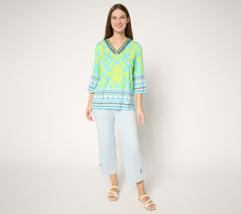 Belle by Kim Gravel Rayon Spandex Aloha Awaits V Neck Trim Top — View 5