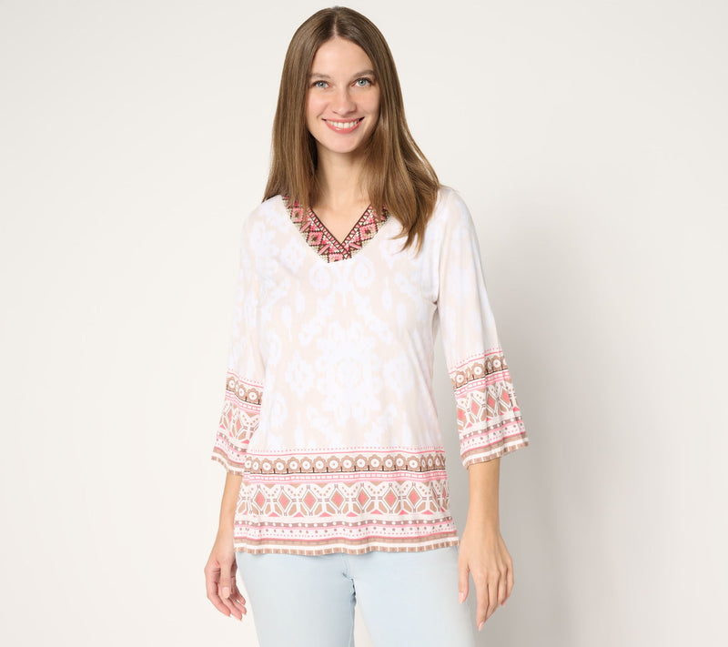 Belle by Kim Gravel Rayon Spandex Aloha Awaits V Neck Trim Top — View 10