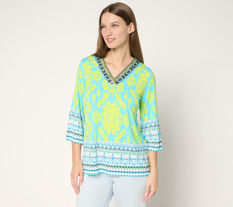 Belle by Kim Gravel Rayon Spandex Aloha Awaits V Neck Trim Top — View 11
