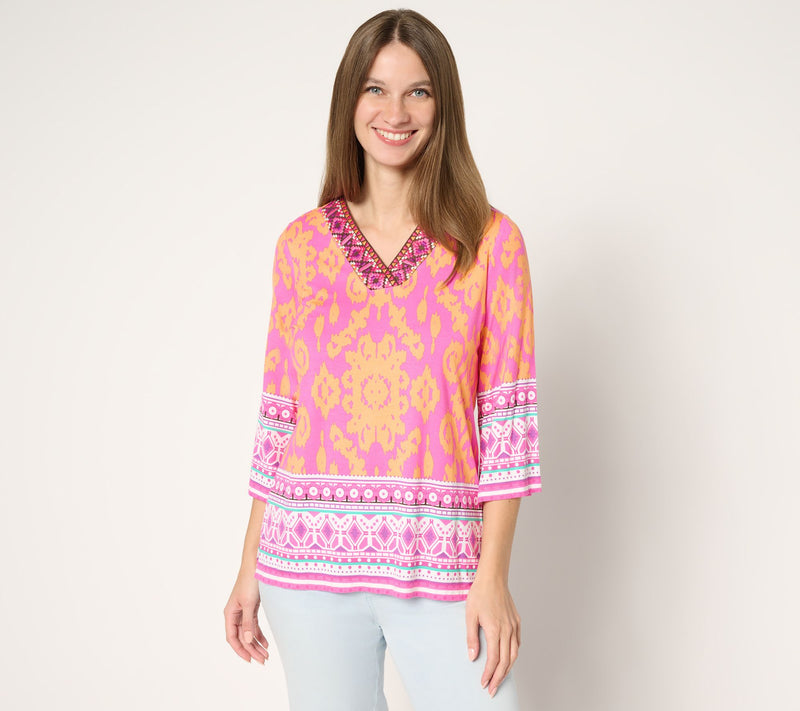 Belle by Kim Gravel Rayon Spandex Aloha Awaits V Neck Trim Top — View 12