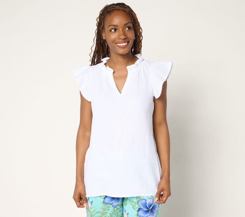 Belle Beach by Kim Gravel 100% Cotton Gauze Flounce Sleeve Top — View 16