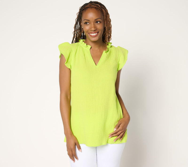Belle Beach by Kim Gravel 100% Cotton Gauze Flounce Sleeve Top — View 17