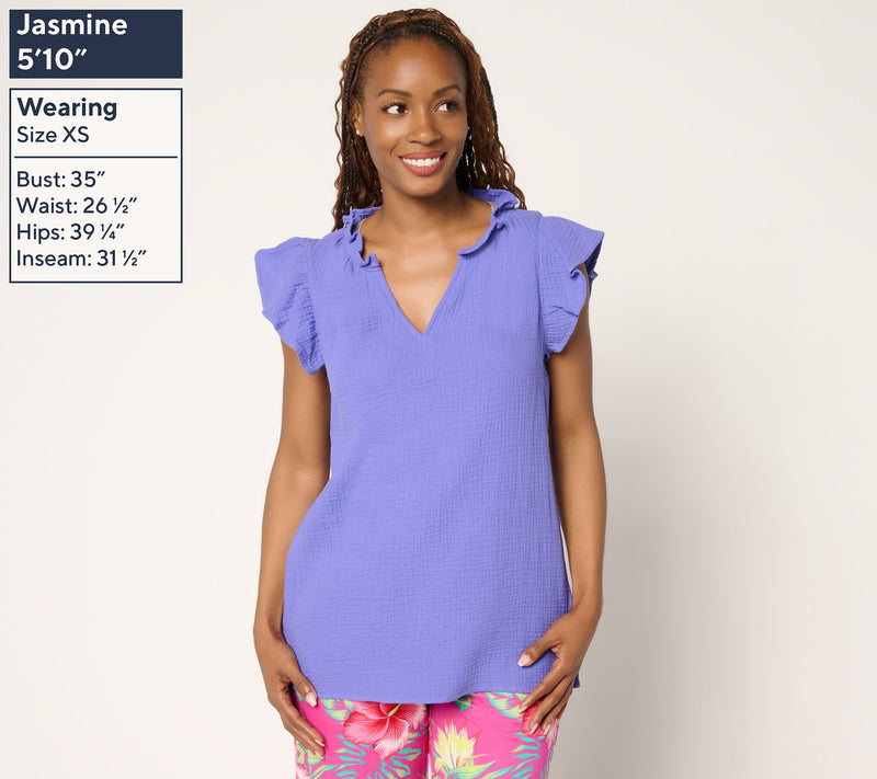 Belle Beach by Kim Gravel 100% Cotton Gauze Flounce Sleeve Top — View 3