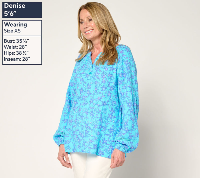 Belle Beach by Kim Gravel 100% Cotton Gauze Henley Top with Ladder Lace — View 15