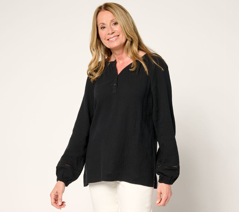 Belle Beach by Kim Gravel 100% Cotton Gauze Henley Top with Ladder Lace — View 7
