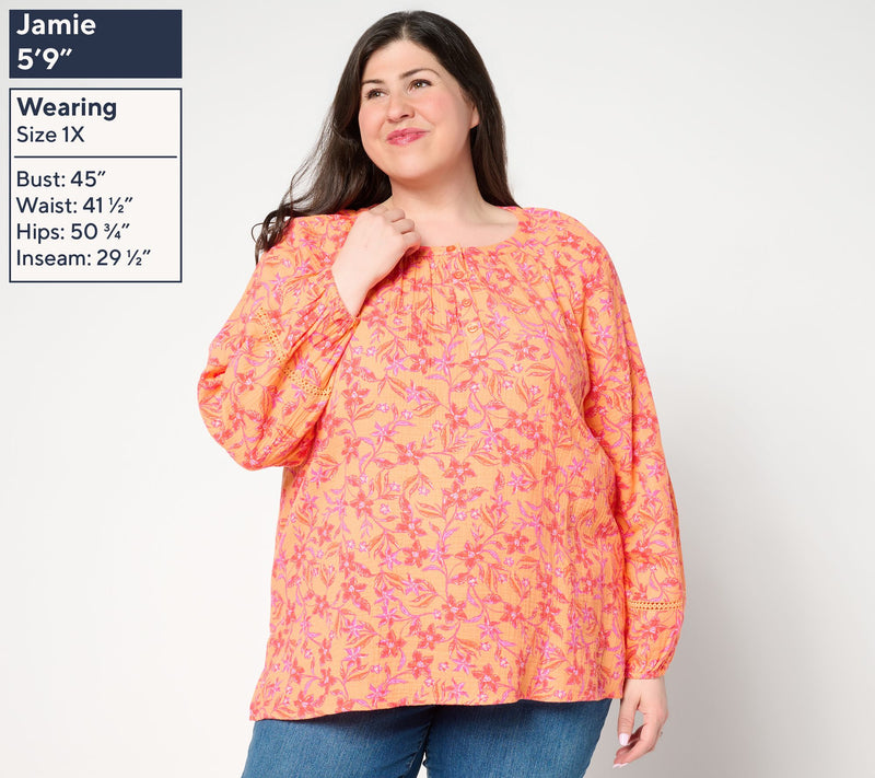 Belle Beach by Kim Gravel 100% Cotton Gauze Henley Top with Ladder Lace — View 14