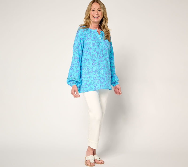 Belle Beach by Kim Gravel 100% Cotton Gauze Henley Top with Ladder Lace — View 17