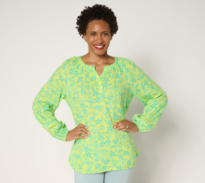 Belle Beach by Kim Gravel 100% Cotton Gauze Henley Top with Ladder Lace — View 9
