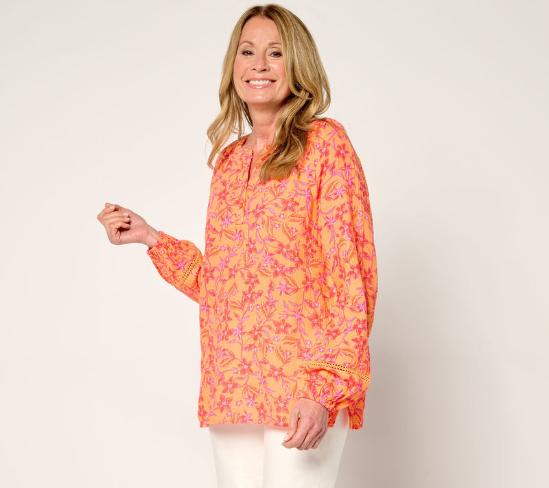 Belle Beach by Kim Gravel 100% Cotton Gauze Henley Top with Ladder Lace — View 3