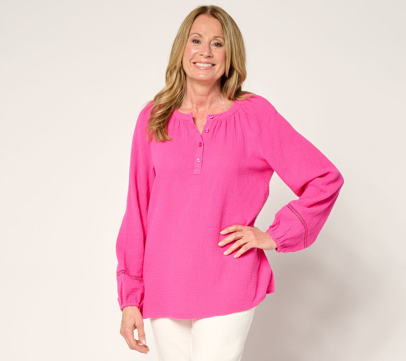 Belle Beach by Kim Gravel 100% Cotton Gauze Henley Top with Ladder Lace — View 11