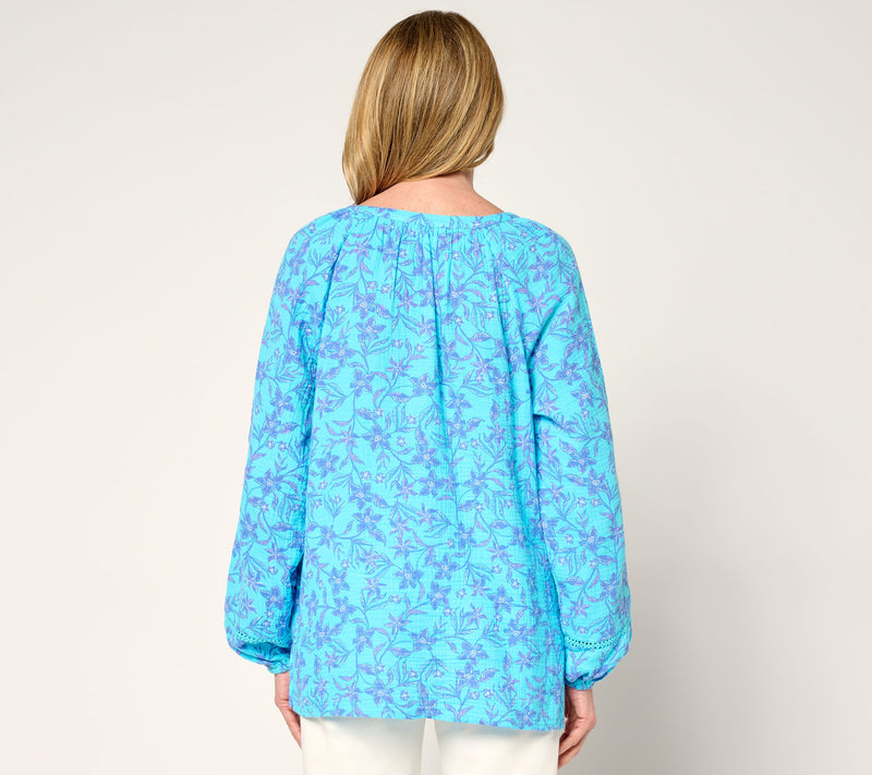 Belle Beach by Kim Gravel 100% Cotton Gauze Henley Top with Ladder Lace — View 16