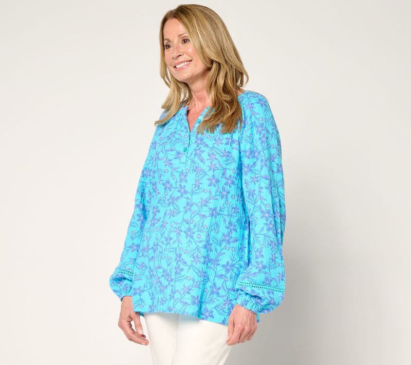 Belle Beach by Kim Gravel 100% Cotton Gauze Henley Top with Ladder Lace — View 5