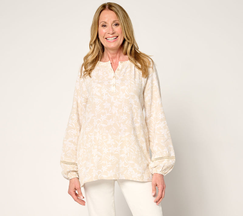 Belle Beach by Kim Gravel 100% Cotton Gauze Henley Top with Ladder Lace — View 13
