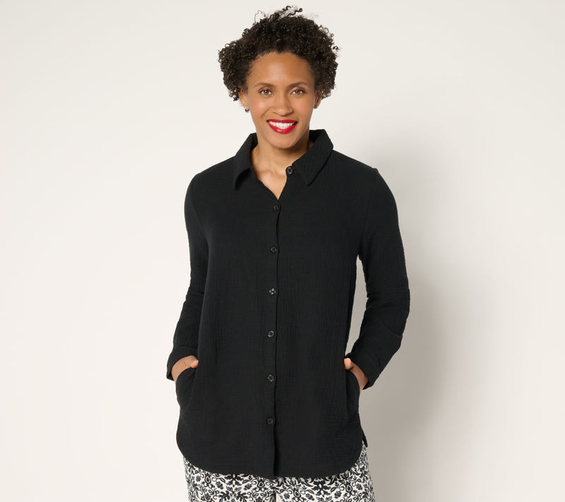 Belle Beach by Kim Gravel Petite Cotton Gauze Dolphin Hem Big Shirt — View 3