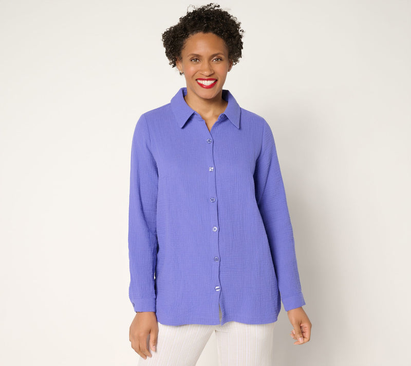 Belle Beach by Kim Gravel Petite Cotton Gauze Dolphin Hem Big Shirt — View 17