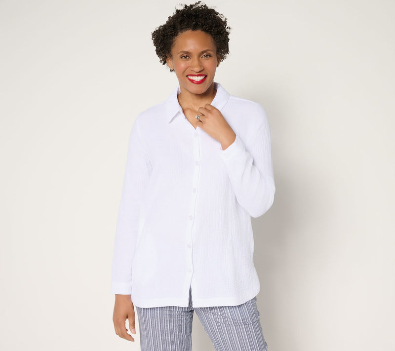 Belle Beach by Kim Gravel Petite Cotton Gauze Dolphin Hem Big Shirt — View 18