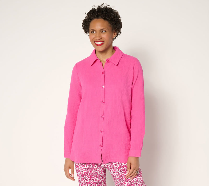 Belle Beach by Kim Gravel Petite Cotton Gauze Dolphin Hem Big Shirt — Main view
