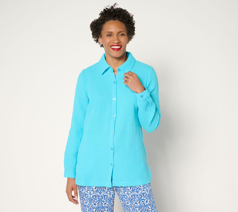 Belle Beach by Kim Gravel Petite Cotton Gauze Dolphin Hem Big Shirt — View 20