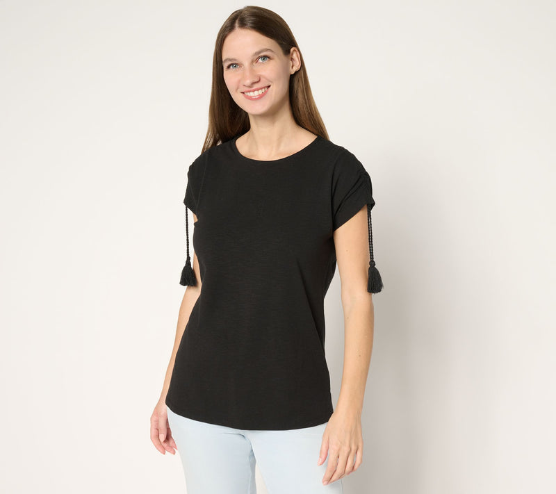 Belle Beach by Kim Gravel Slub Knit Ruched Sleeve Top w/ Tassels — View 13