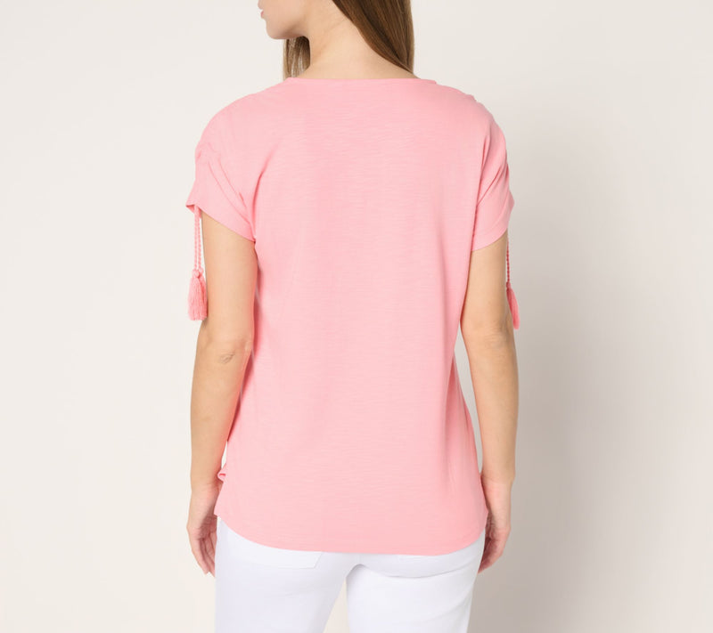 Belle Beach by Kim Gravel Slub Knit Ruched Sleeve Top w/ Tassels — View 16