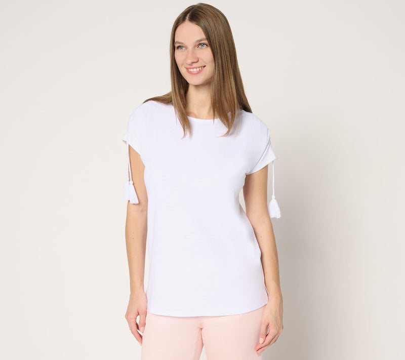 Belle Beach by Kim Gravel Slub Knit Ruched Sleeve Top w/ Tassels — View 7