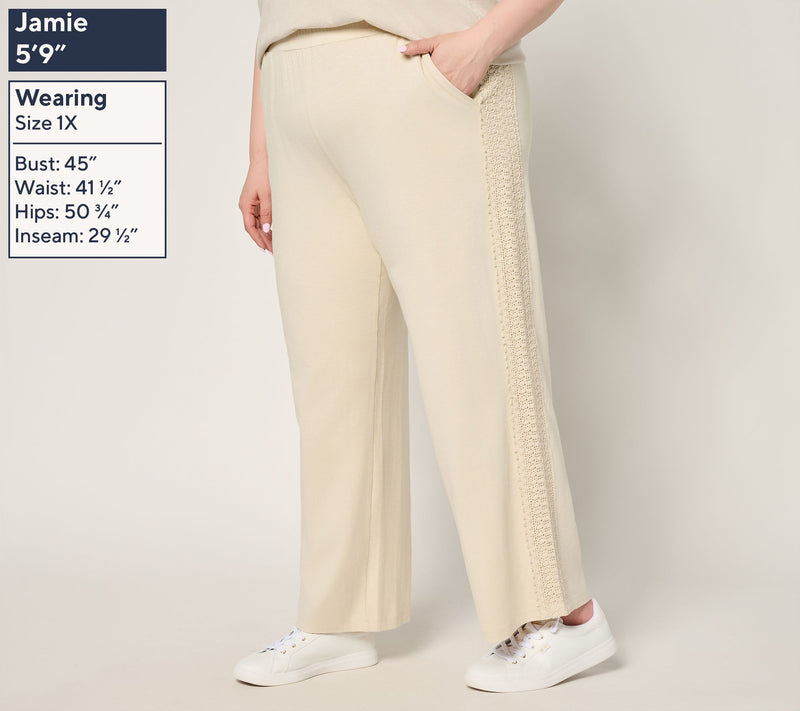 Belle by Kim Gravel Regular Slub Knit Pull On Pant w/ Crochet Trim — View 2