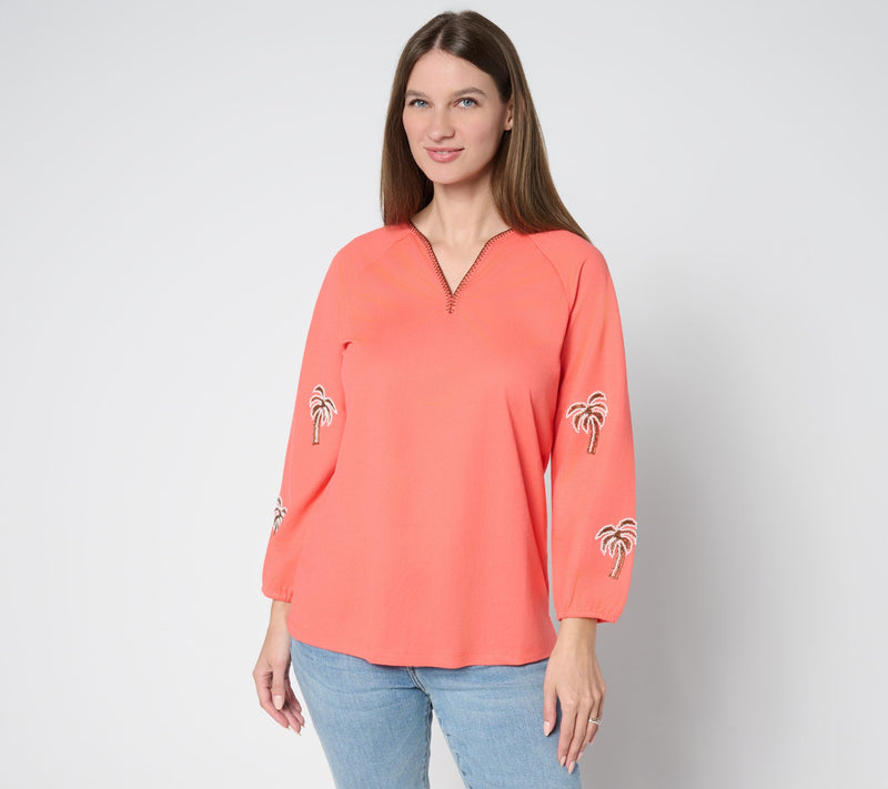 Bellisima by Kim Gravel Cabana Knit Beaded Palm Trim Top — Main view