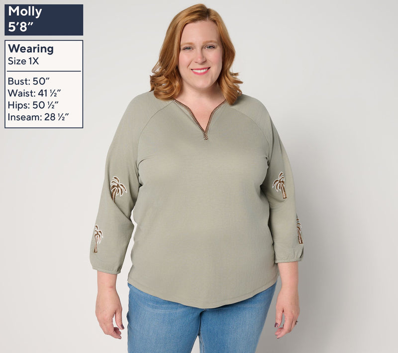 Bellisima by Kim Gravel Cabana Knit Beaded Palm Trim Top — View 10