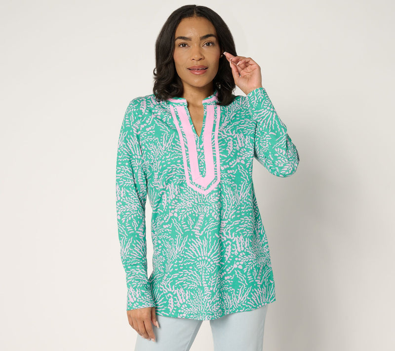 Bellisima by Kim Gravel Regular Cabana Knit Palm Trim Tunic — View 9