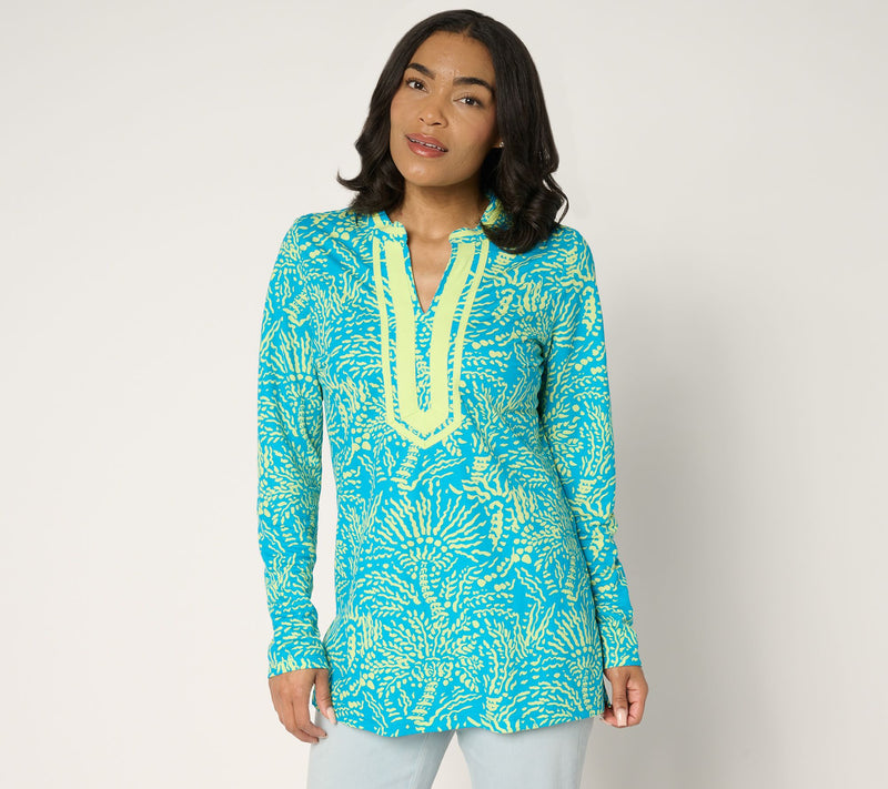 Bellisima by Kim Gravel Petite Cabana Knit Palm Trim Tunic — View 7