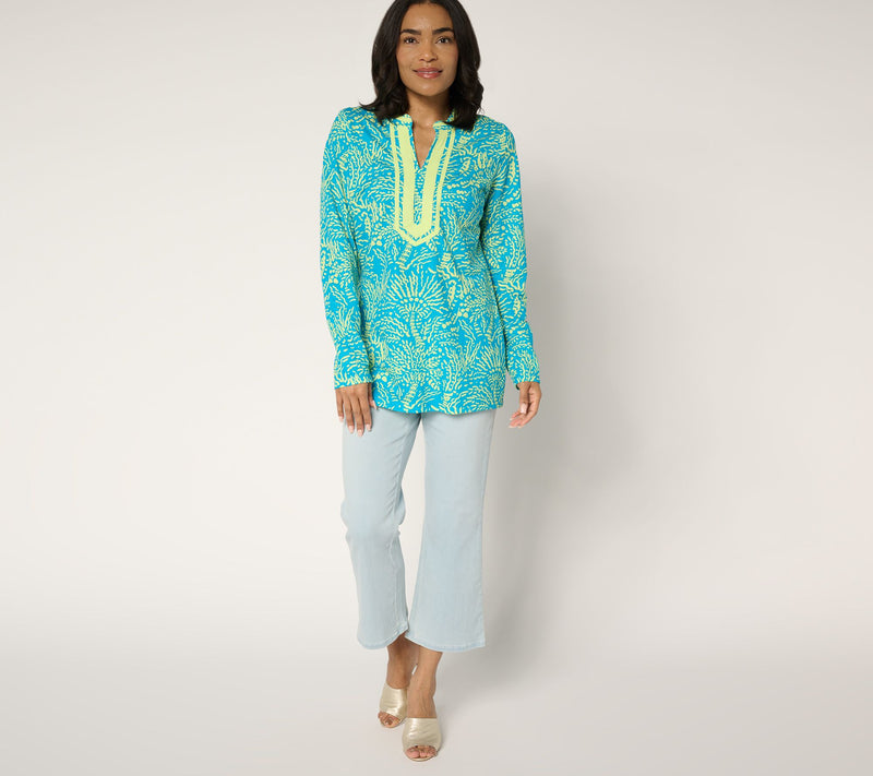 Bellisima by Kim Gravel Petite Cabana Knit Palm Trim Tunic — View 15