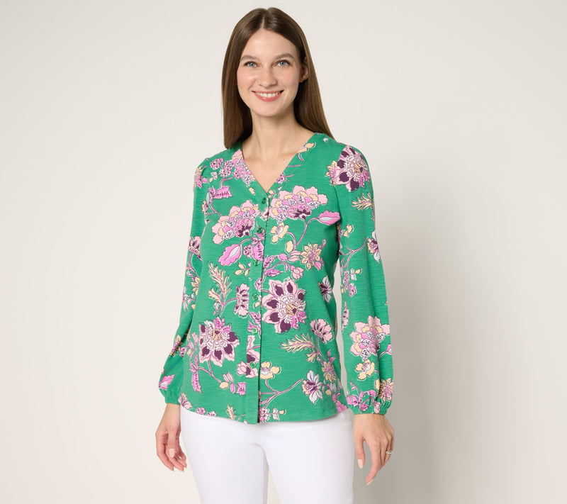 Belle by Kim Gravel French Floral Button Front Knit Blouse — View 5