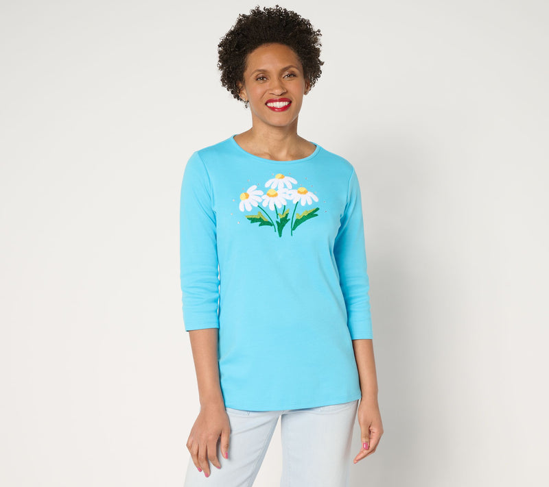 Quacker Factory Springtime Punch Needle Daisy 3/4-Sleeve Top — View 11