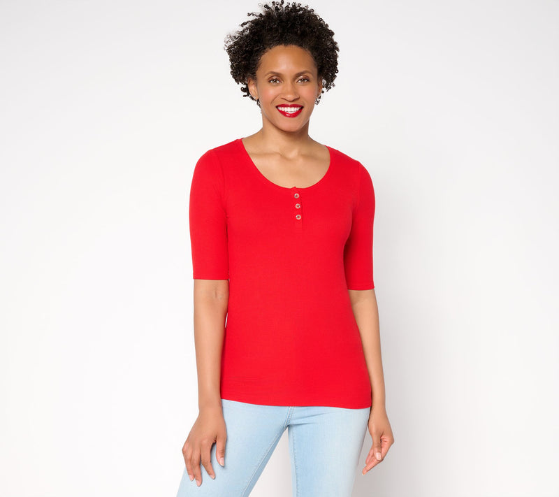 Studio Park x Rosina Grosso Elbow Sleeve Scoop Neck Henley Top — View 4