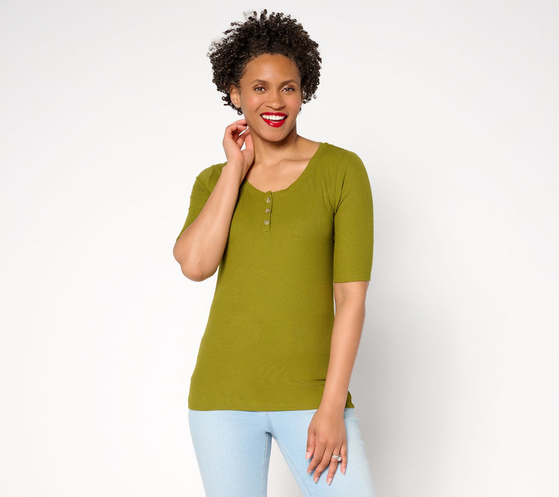 Studio Park x Rosina Grosso Elbow Sleeve Scoop Neck Henley Top — View 2