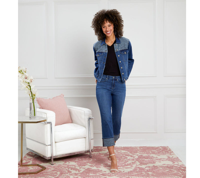 nicole by Nicole Miller Printed Yoke Stretch Denim Jacket — View 12