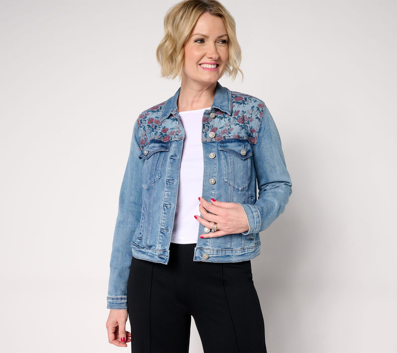nicole by Nicole Miller Printed Yoke Stretch Denim Jacket — View 5