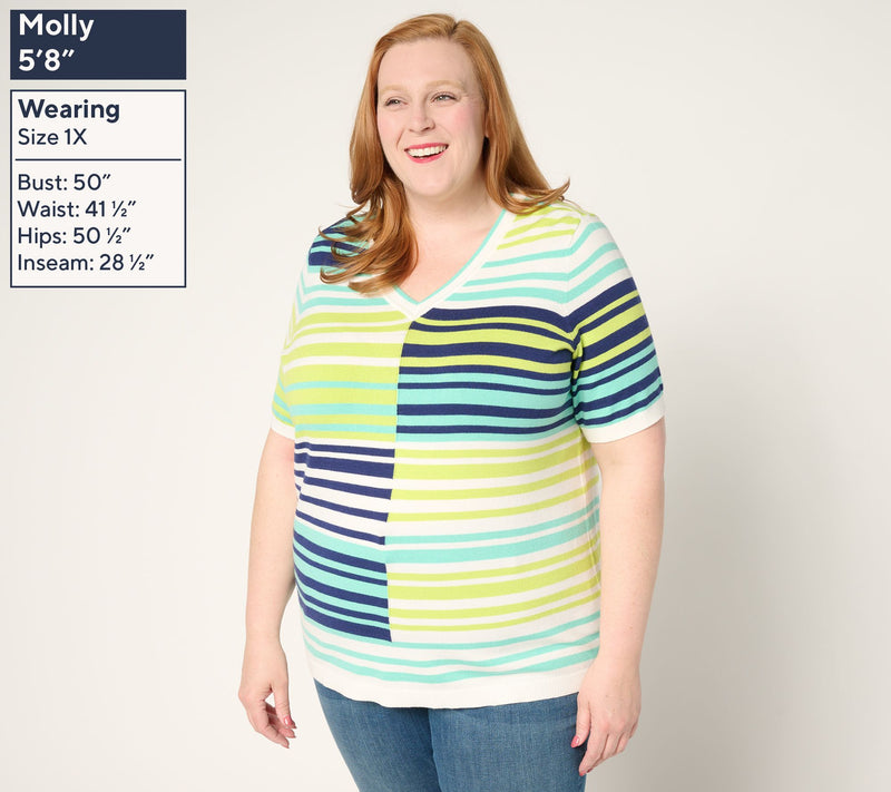 Sport Savvy Short Sleeve Spliced Stripe V-Neck Sweater — View 2