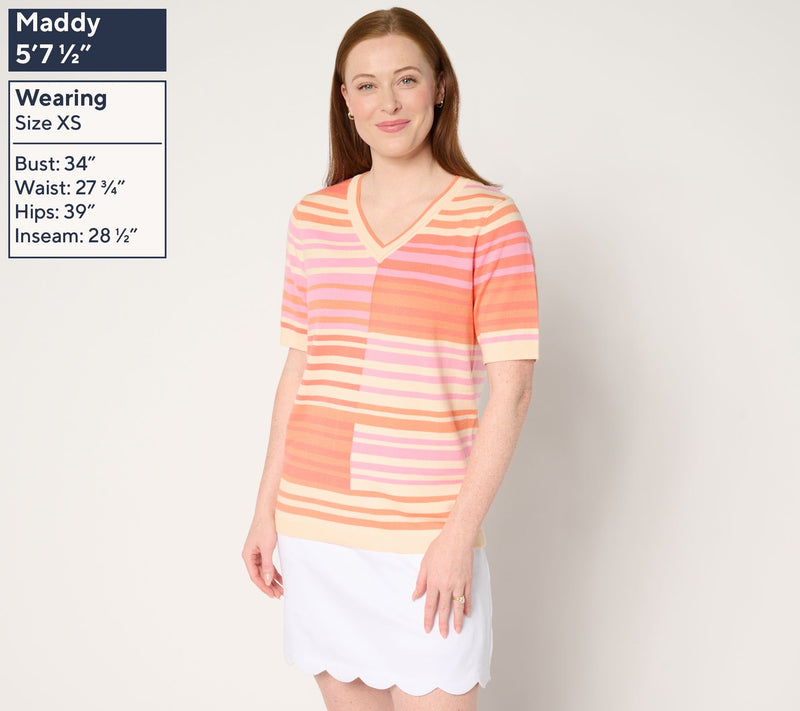 Sport Savvy Short Sleeve Spliced Stripe V-Neck Sweater — View 3