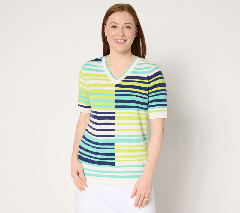 Sport Savvy Short Sleeve Spliced Stripe V-Neck Sweater — View 12