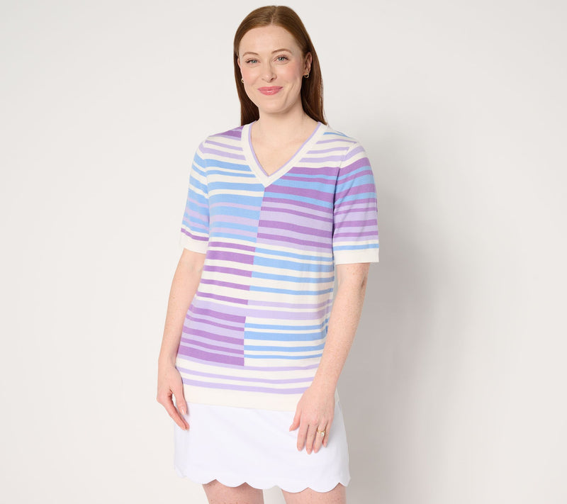 Sport Savvy Short Sleeve Spliced Stripe V-Neck Sweater — View 13
