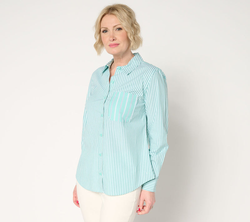 Joan Rivers Stretch Cotton Button Front Mixed Stripe Shirt — View 13