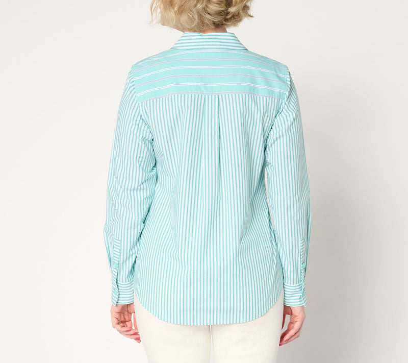 Joan Rivers Stretch Cotton Button Front Mixed Stripe Shirt — View 8