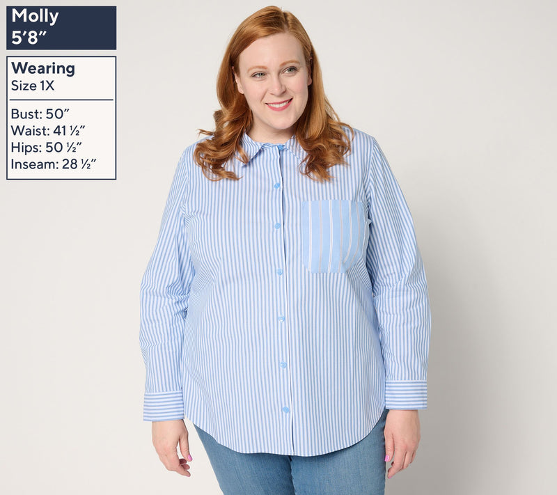 Joan Rivers Stretch Cotton Button Front Mixed Stripe Shirt — View 6