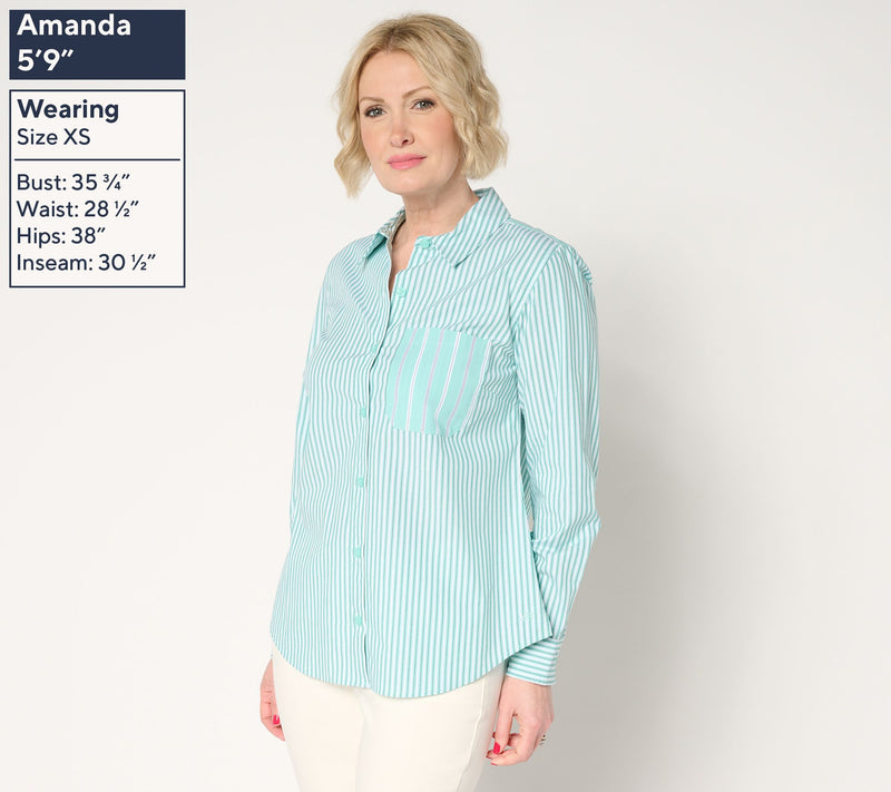 Joan Rivers Stretch Cotton Button Front Mixed Stripe Shirt — View 7