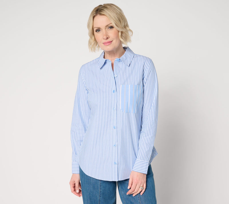 Joan Rivers Stretch Cotton Button Front Mixed Stripe Shirt — View 15