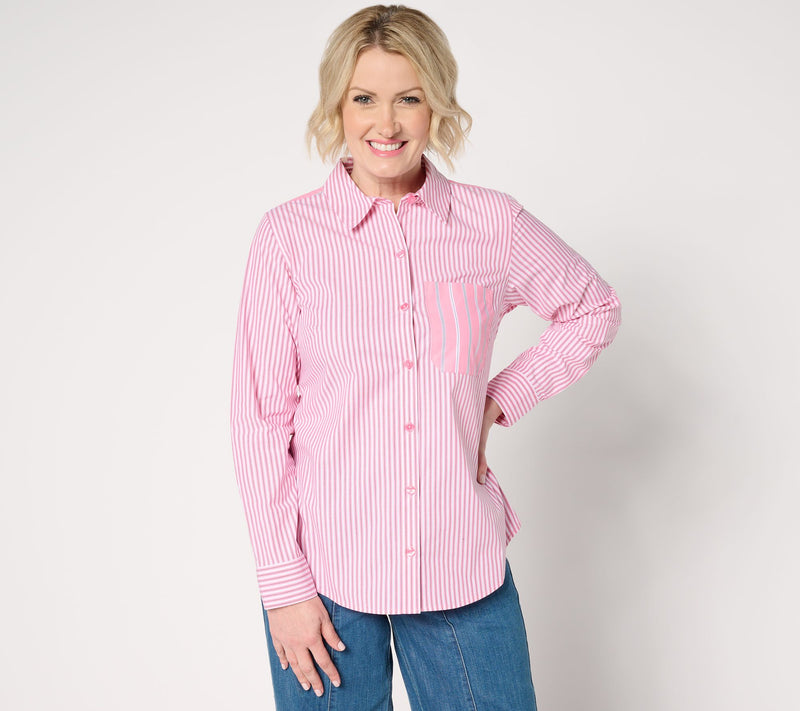 Joan Rivers Stretch Cotton Button Front Mixed Stripe Shirt — View 16